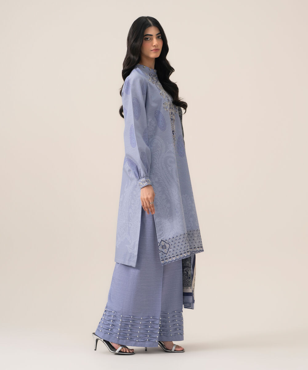Women's Unstitched Cotton Printed Blue 3 Piece Suit
