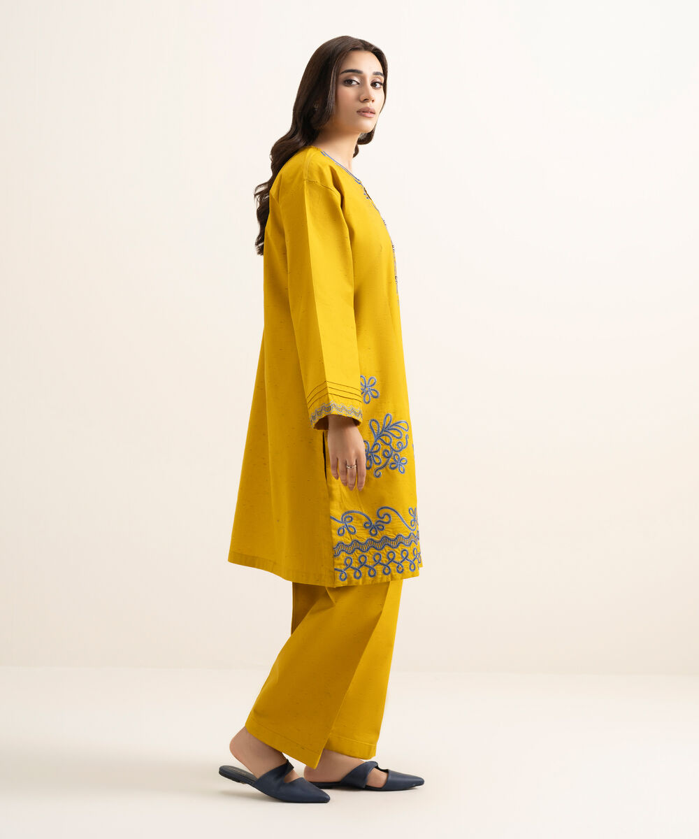 Women's RTW Multi Neps Embroidered Mustard Boxy Shirt