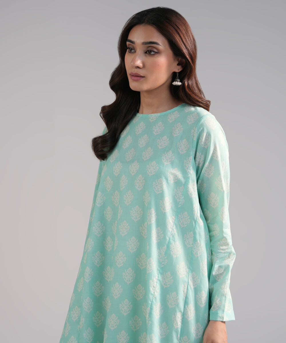 Women's RTW Crosshatch Printed Turquoise A-Line Shirt