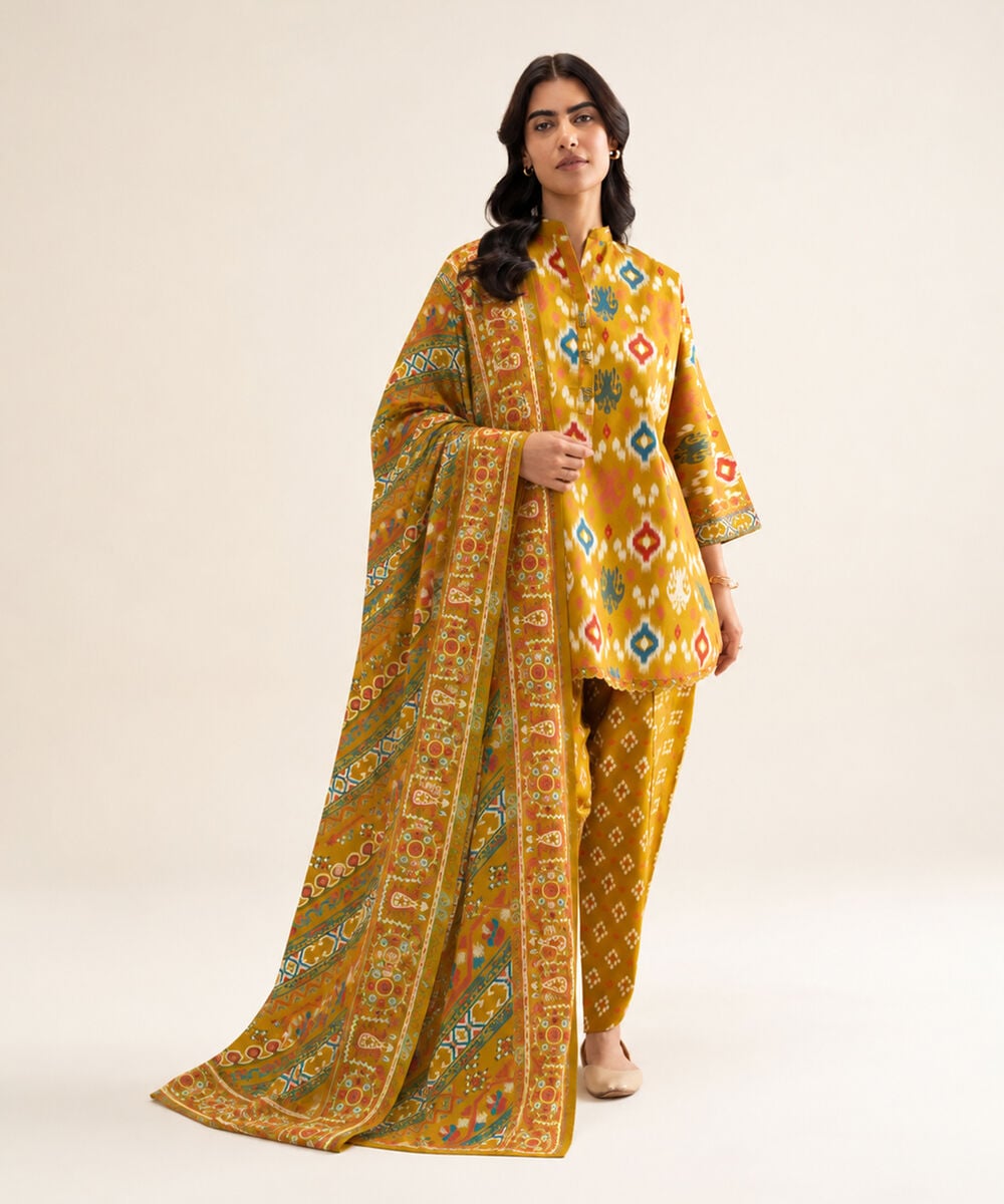Women's Unstitched Cotton Printed Mustard 3 Piece Suit