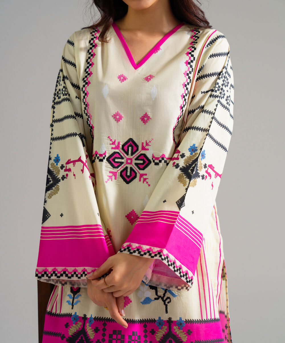Women's RTW Lawn Embroidered Beige Straight Shirt