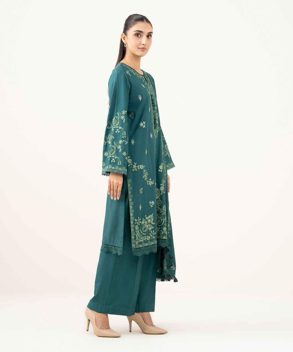 Women's Unstitched Embroidered Linen Teal Green 3 Piece Suit