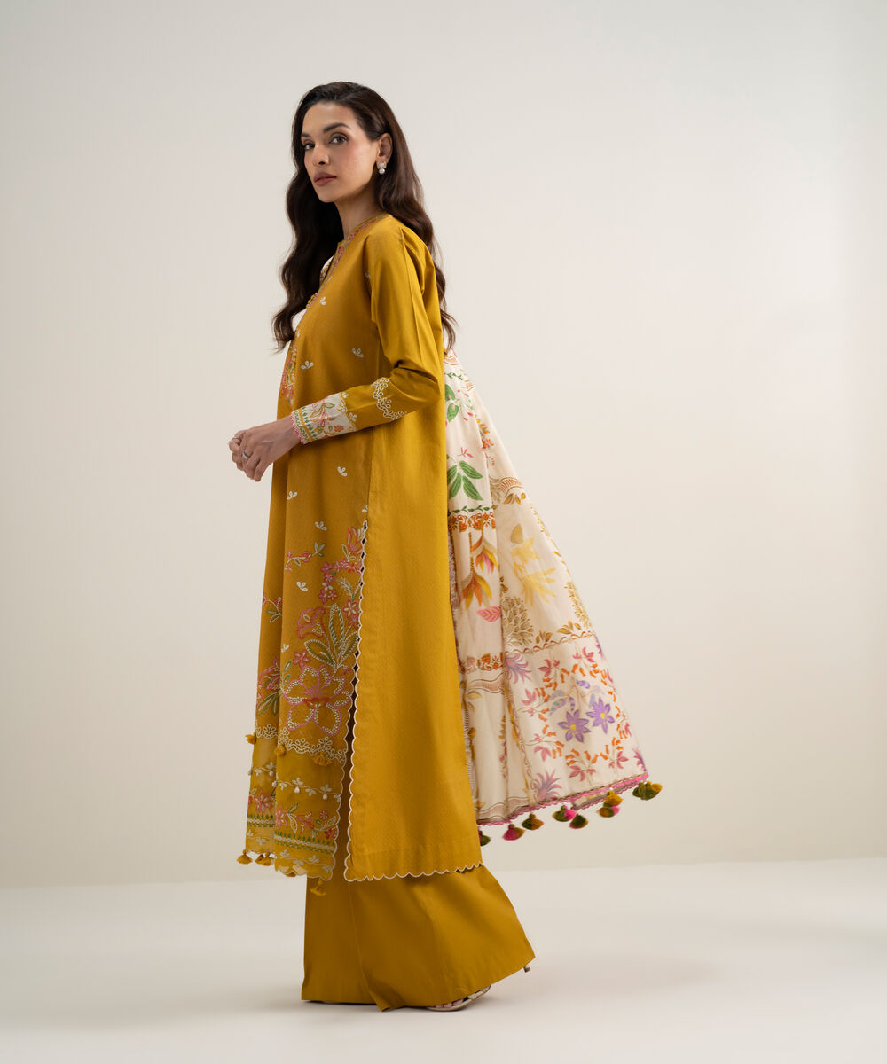 Women's Unstitched Dobby Embroidered Mustard 3 Piece Suit