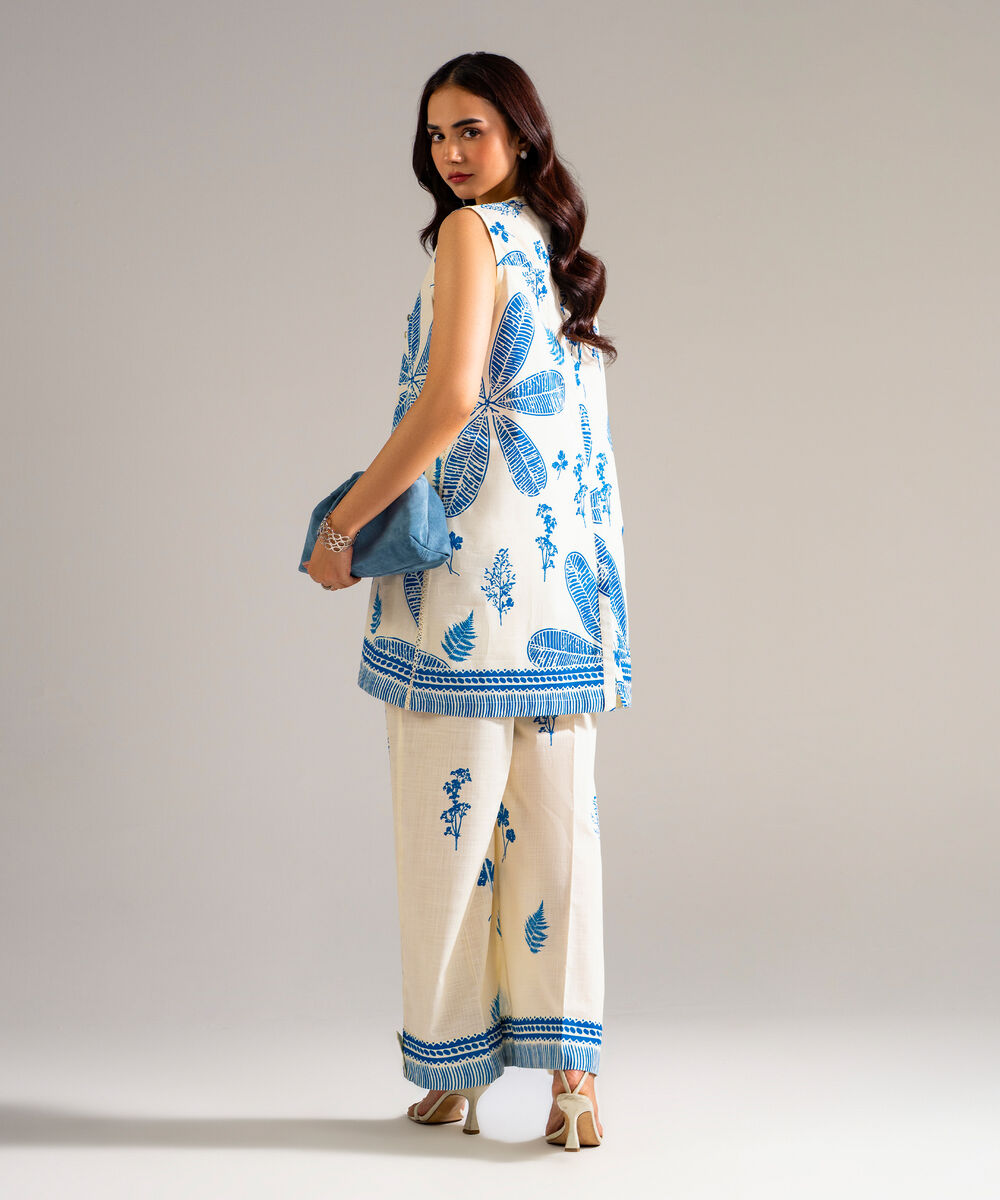 Women's RTW Slub Lawn Printed Off White Straight Shirt