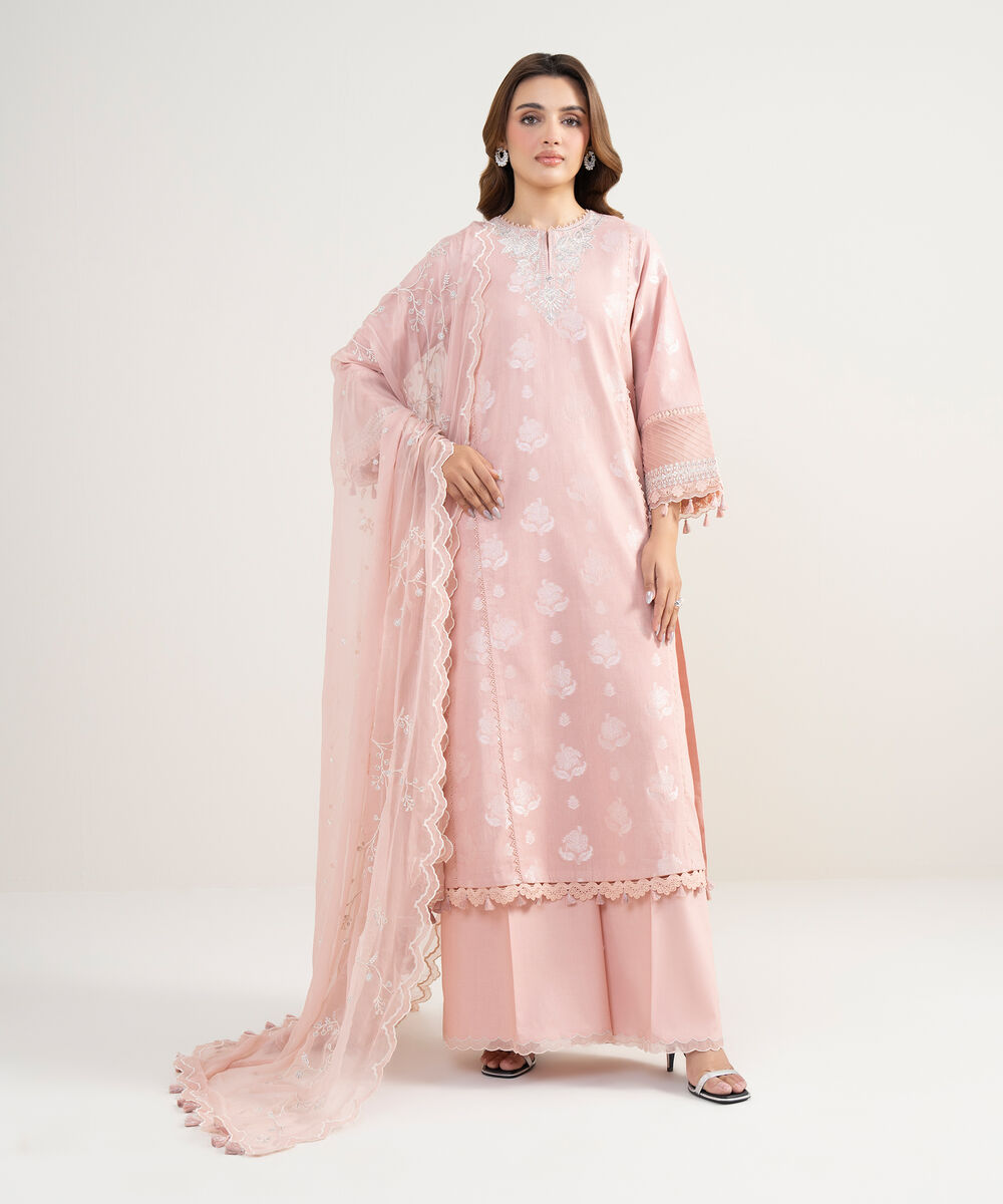 Women's Unstitched Extra Weft Jacquard Embroidered Pink 3 Piece Suit