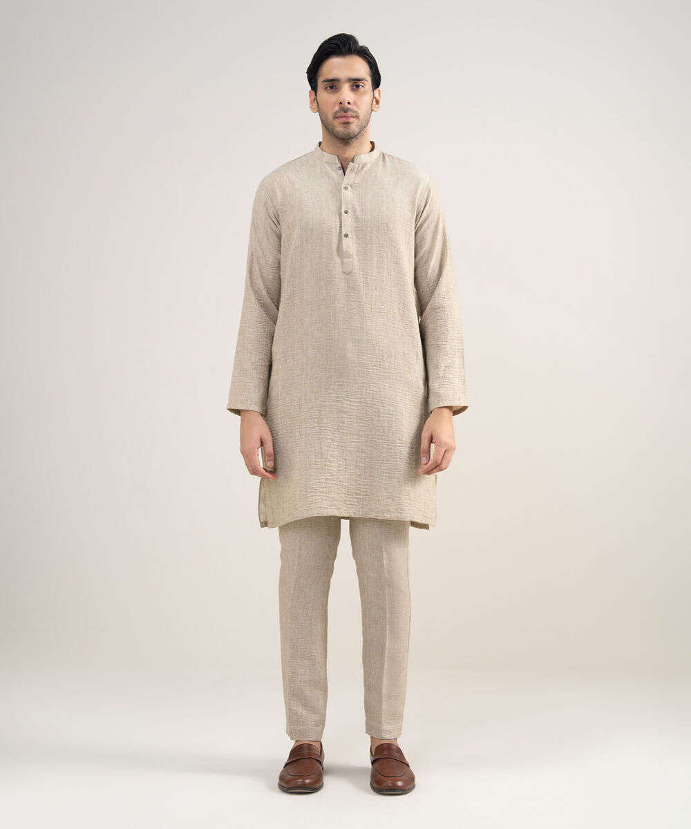 Men's Stitched Blended Linen Beige Suit