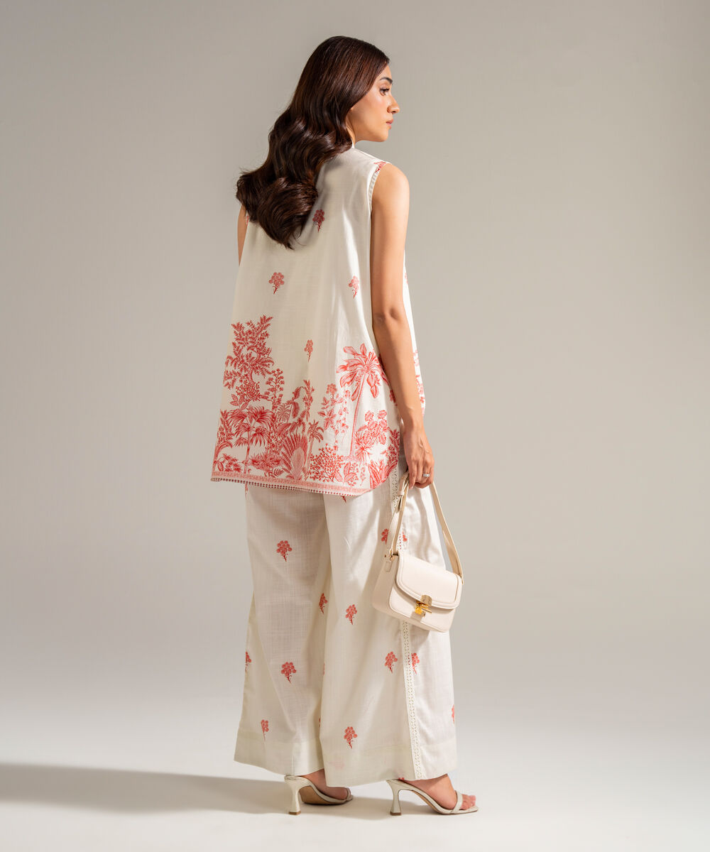 Women's RTW Slub Lawn Printed Off White Straight Shirt