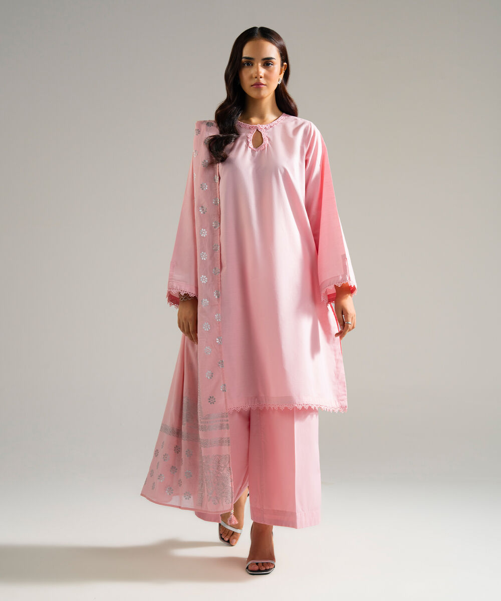 Women's RTW Slub Lawn Solid Pink 3 Piece Suit