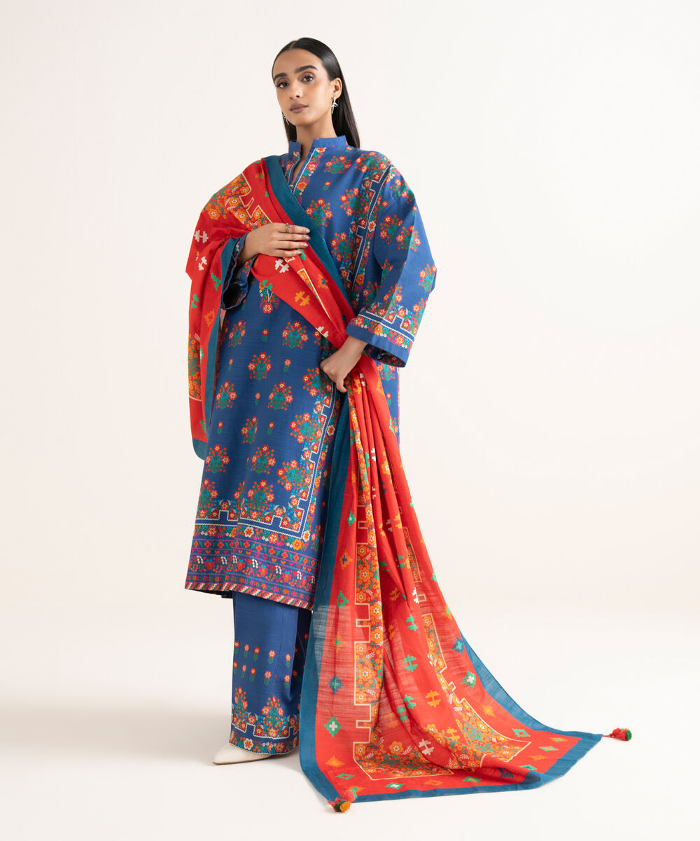 Women's Unstitched Printed Light Khaddar Blue 3 Piece Suit