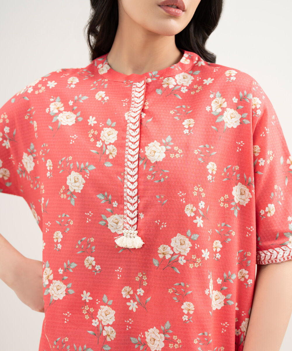 Women's RTW Dobby Embroidered Pink Straight Shirt