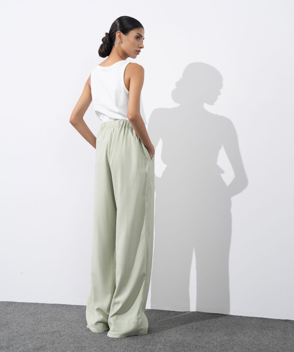 Women's Western Wear Green Wide-Leg Seersucker Trousers