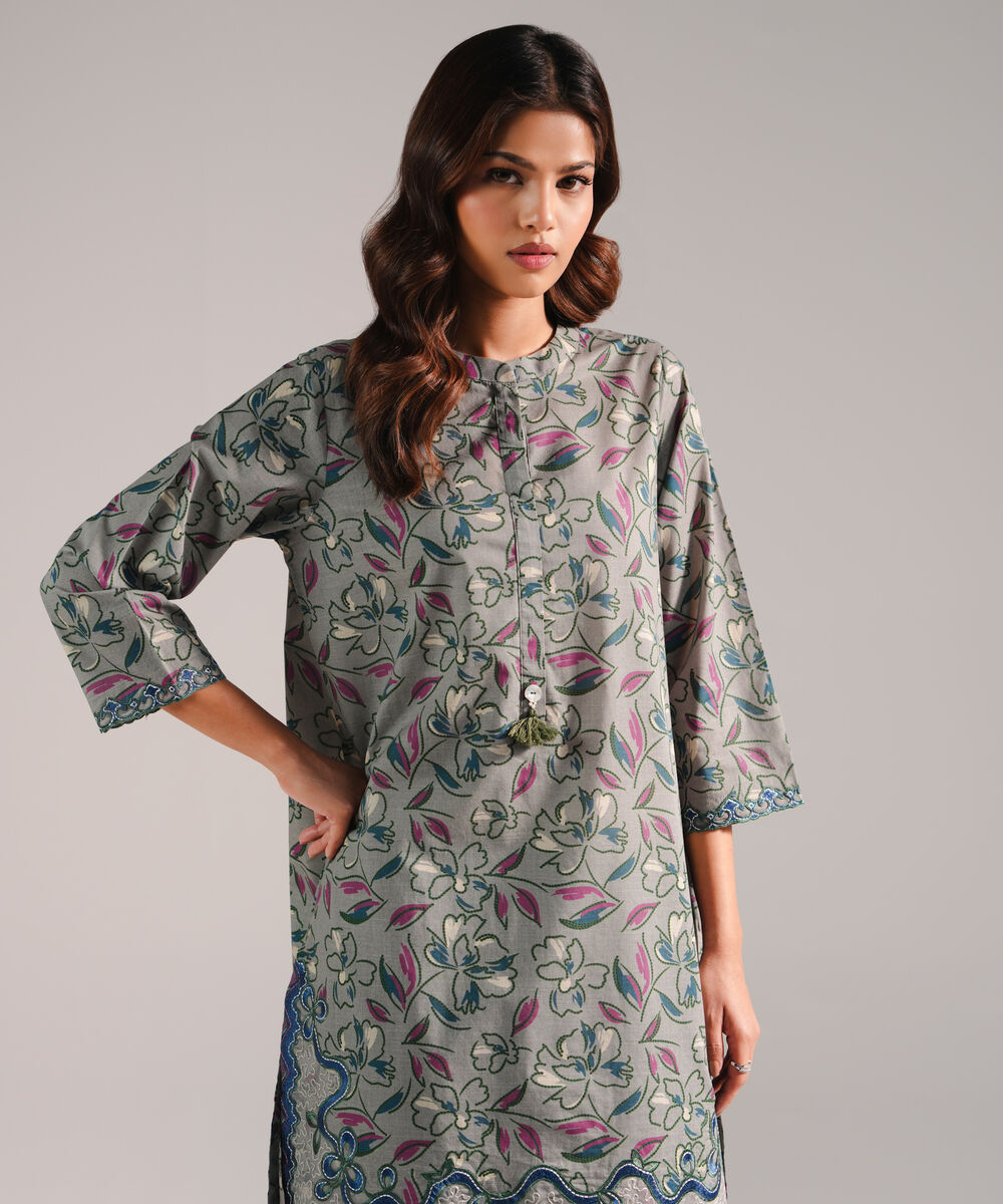 Women's RTW Slub Lawn Embroidered Grey 2 Piece Suit