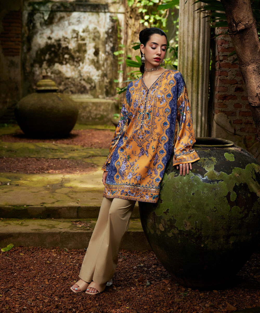 Women's RTW Premium Visocose Satin Printed Orange Drop Shoulder Shirt