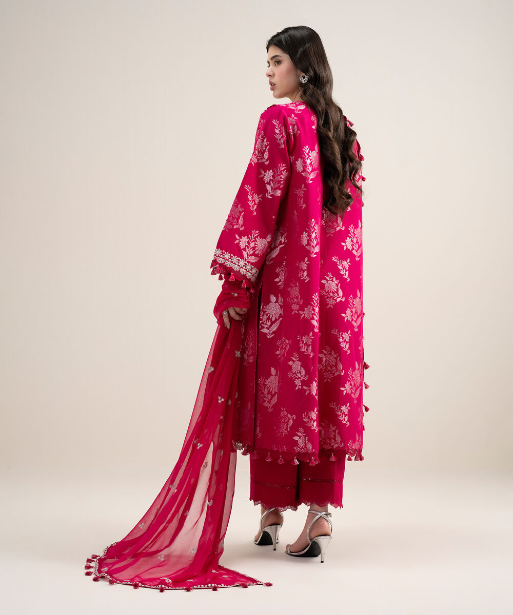 Women's Unstitched Extra Weft Jacquard Embroidered Pink 3 Piece Suit