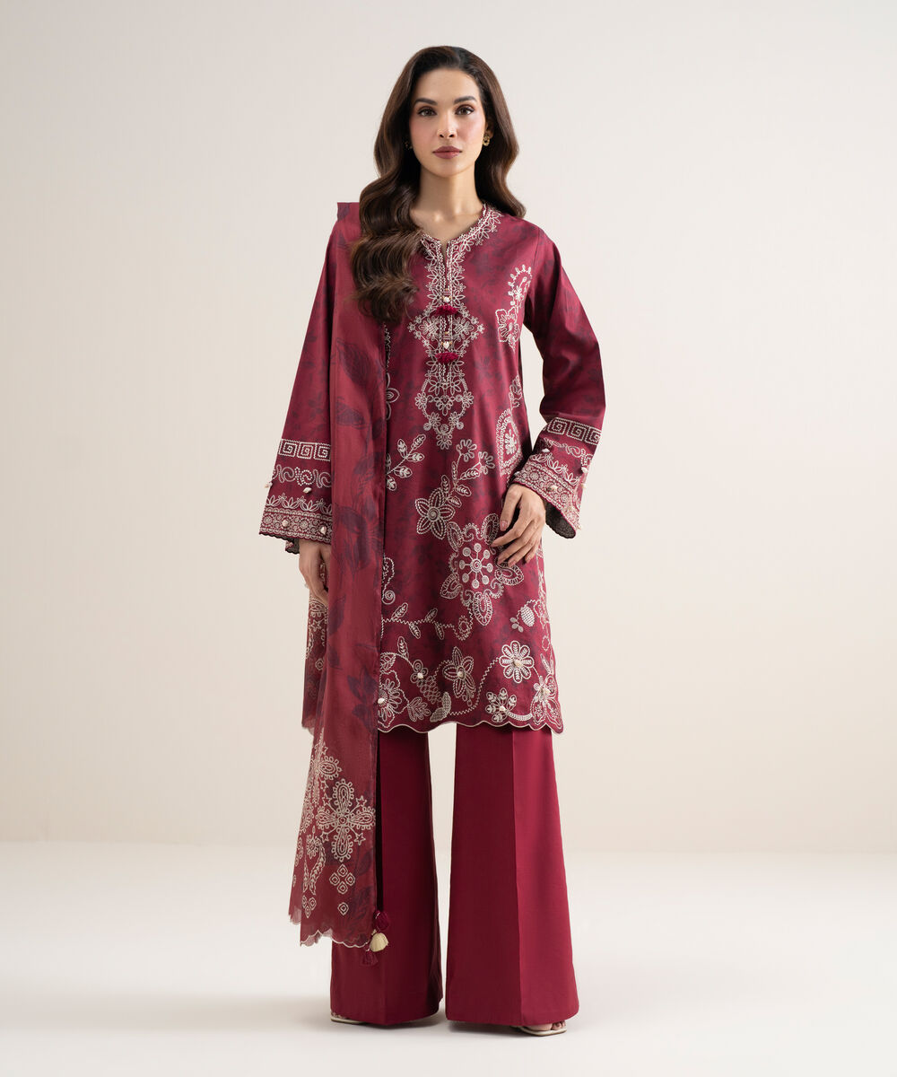 Women's Unstitched Lawn Embroidered Maroon 3 Piece Suit