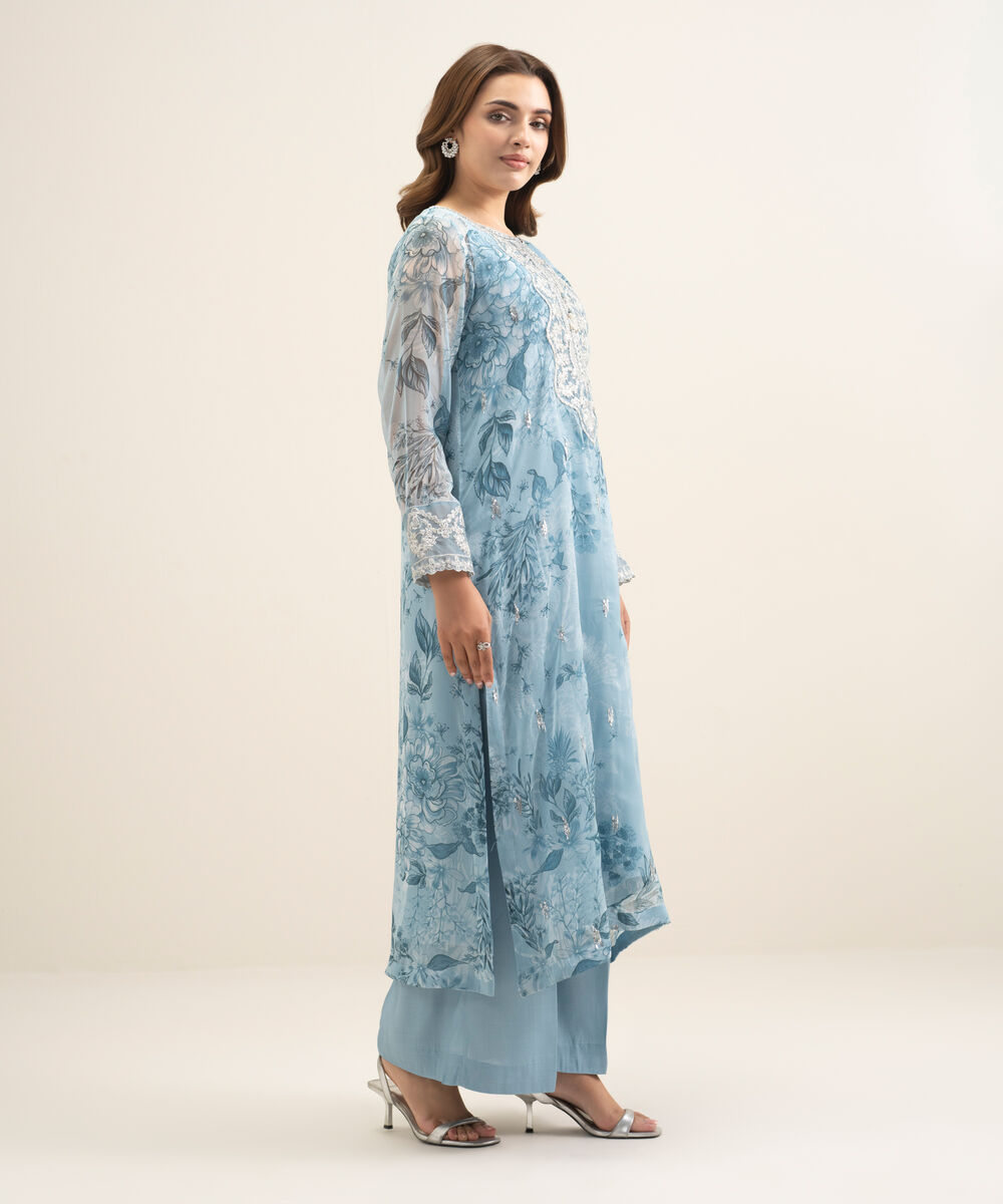 Women's RTW Blended Chiffon Embroidered Blue 2 Piece Suit