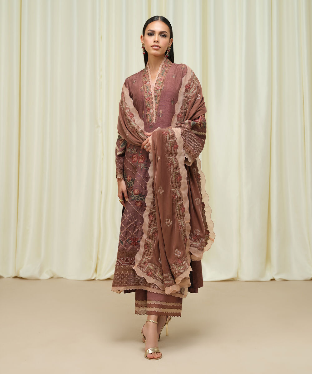 Women's Unstitched Raw Silk Embroidered Brown 3 Piece Suit
