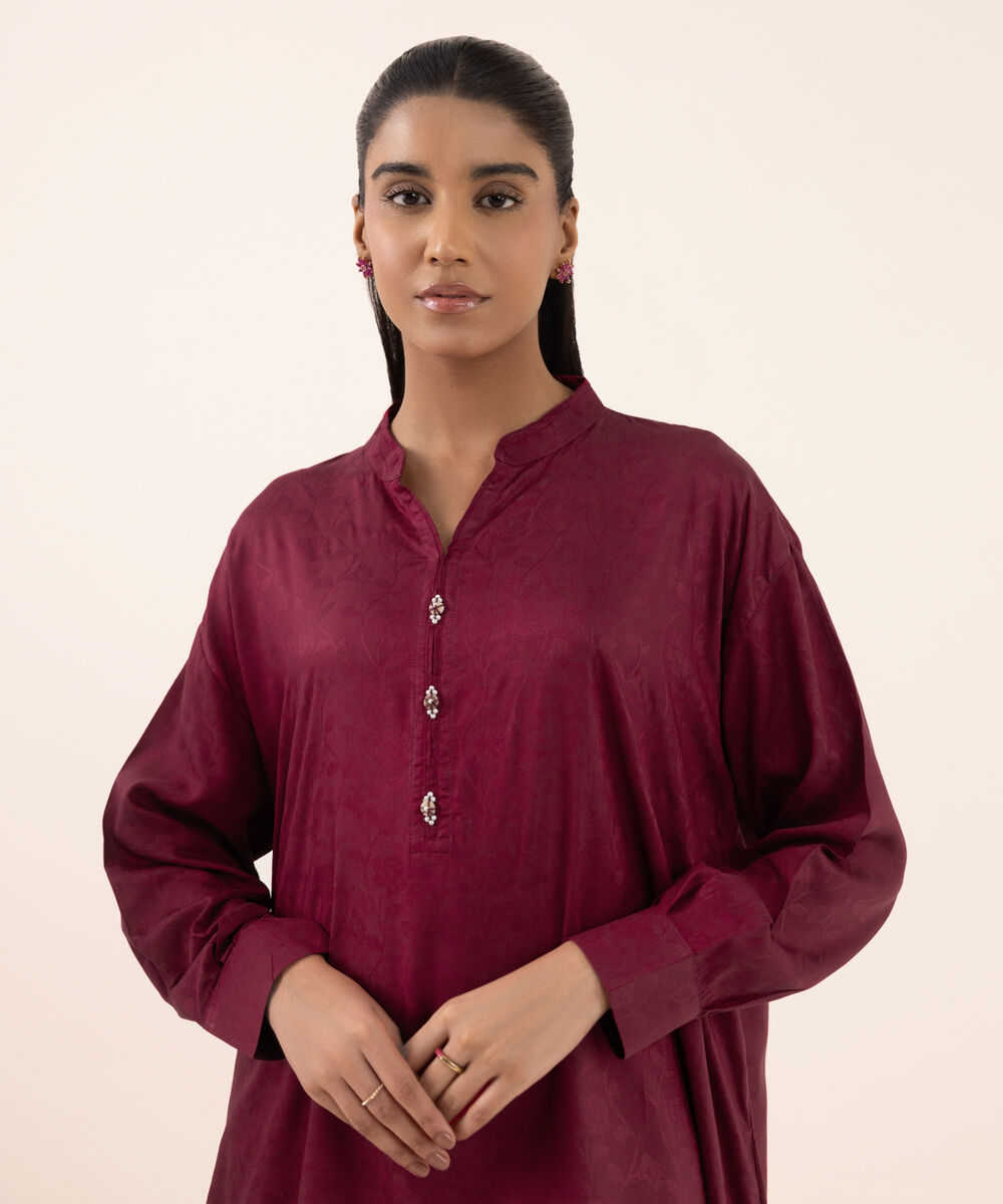 Women's RTW  Arabic Self Jacquard Leno  Pink Dyed Drop Shoulder Shirt
