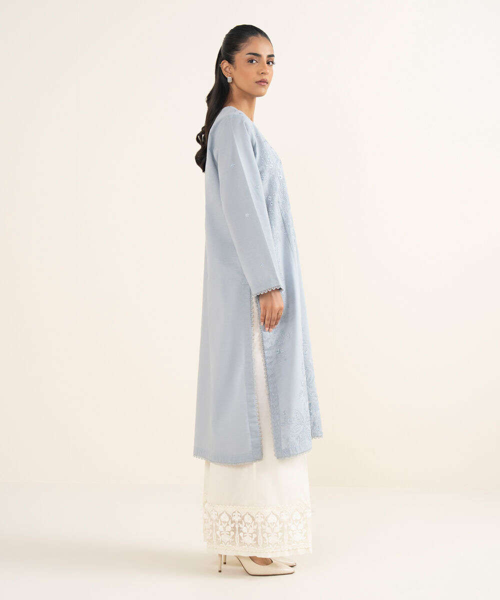 Women's RTW Light Khaddar Embroidered A-Line Ice Blue Shirt