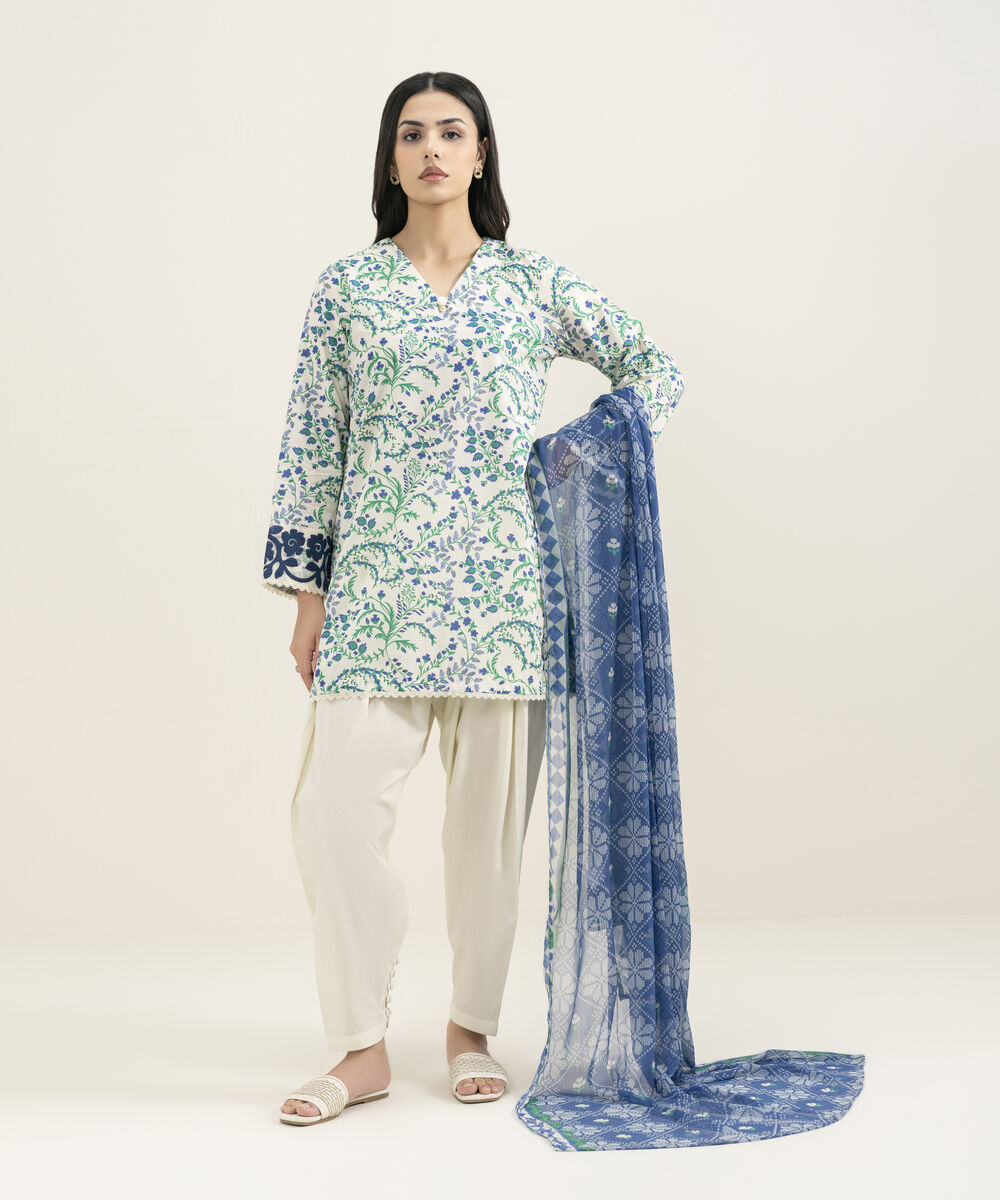 Women's RTW Slub Lawn Embroidered Blue Straight Shirt