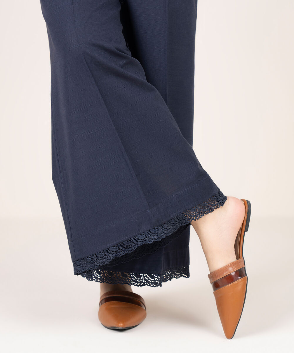 Women's RTW Cotton Solid Blue Flared Pants