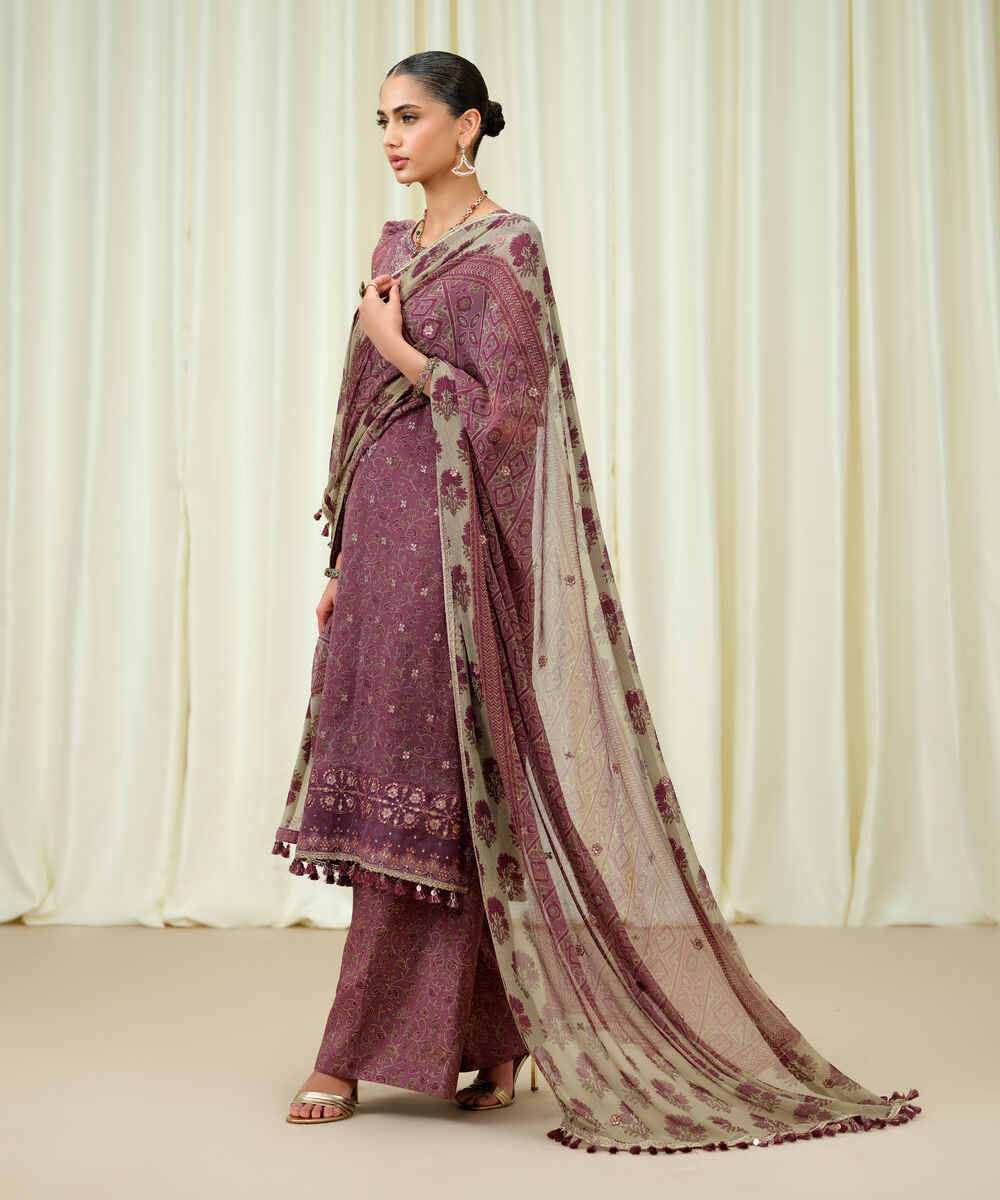 Women's Unstitched Blended Chiffon Embroidered Purple 3 Piece Suit