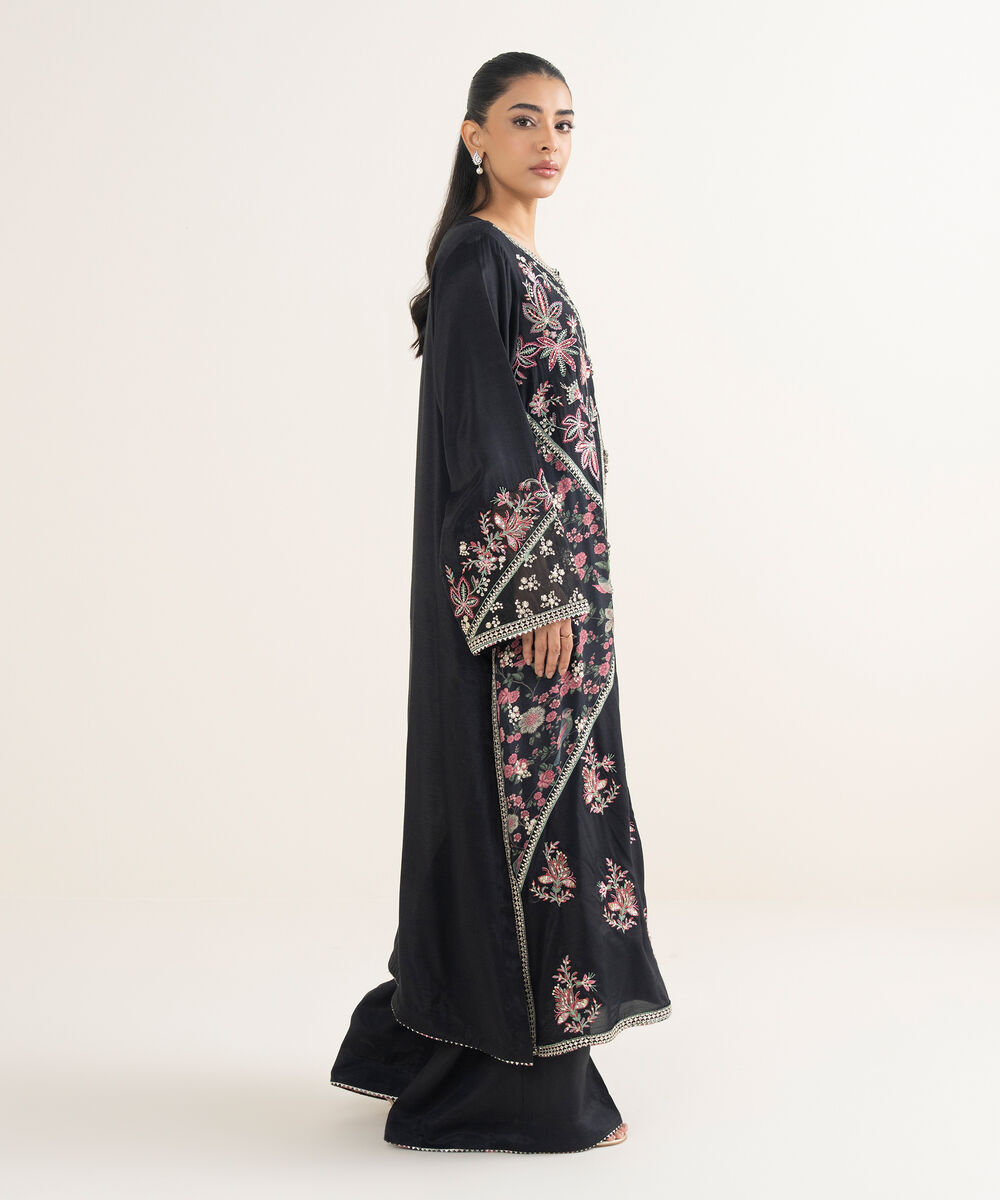 Women's RTW Viscose Raw Silk Embroidered Black 2 Piece Suit