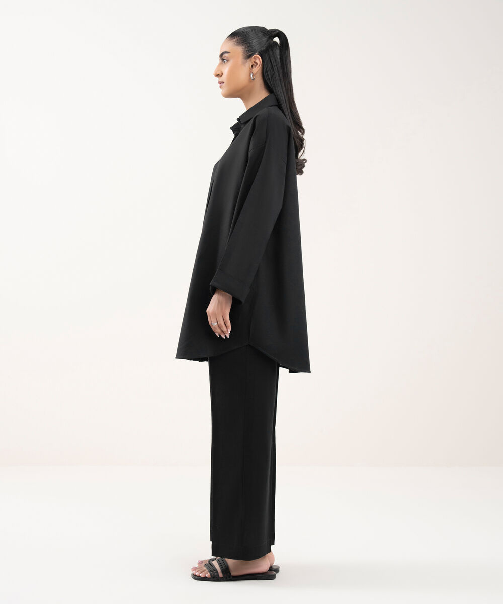 Women's RTW Cotton Linen Black Solid Button Down Shirt