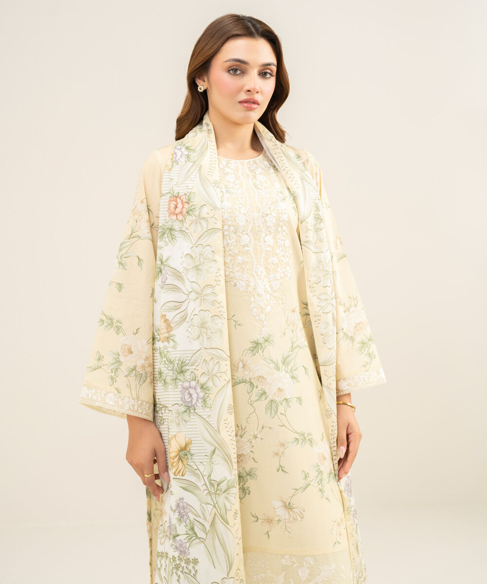 Women's Unstitched Lawn Embroidered Light Yellow 2 Piece Suit