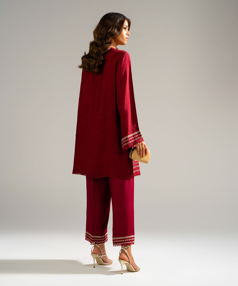 Women's RTW Raw Silk Embroidered Maroon 2 Piece Suit