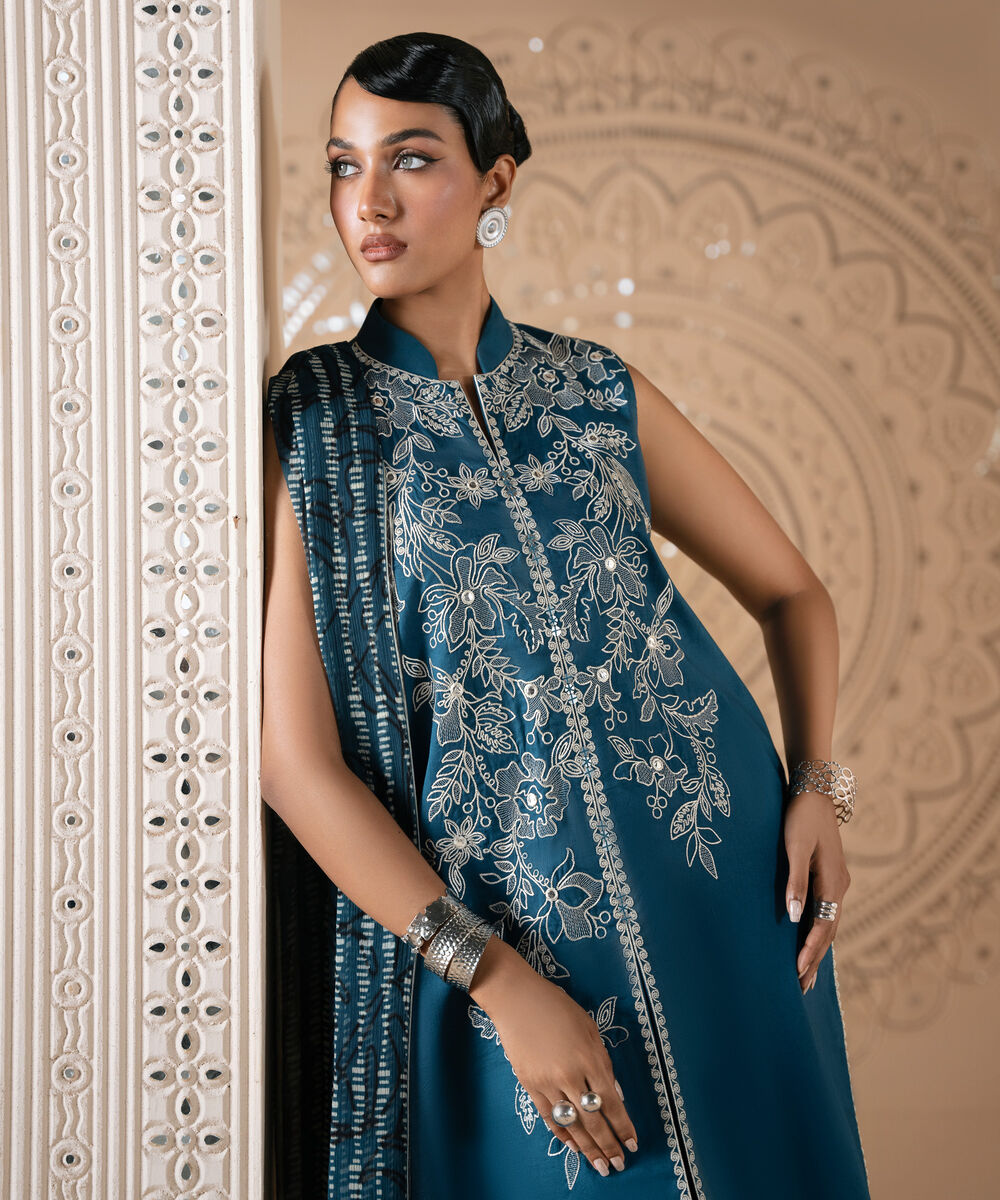 Women's Unstitched Cotton Embroidered Blue 3 Piece Suit