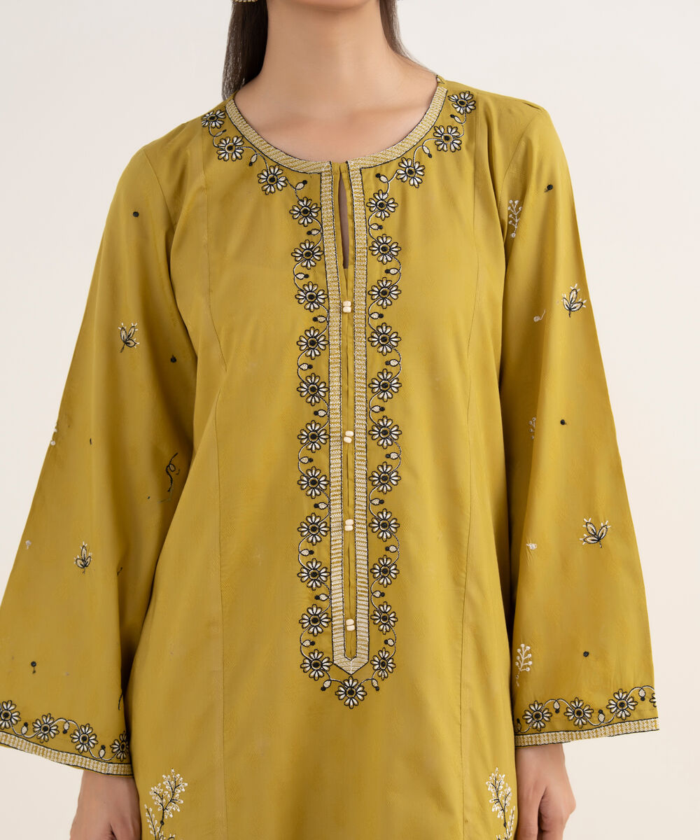 Women's RTW Self Jacquard Leno Embroidered Yellow A-Line Shirt