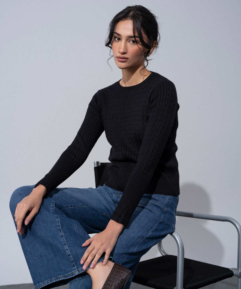 Women's Western Wear Black Textured Cable-Knit Jumper
