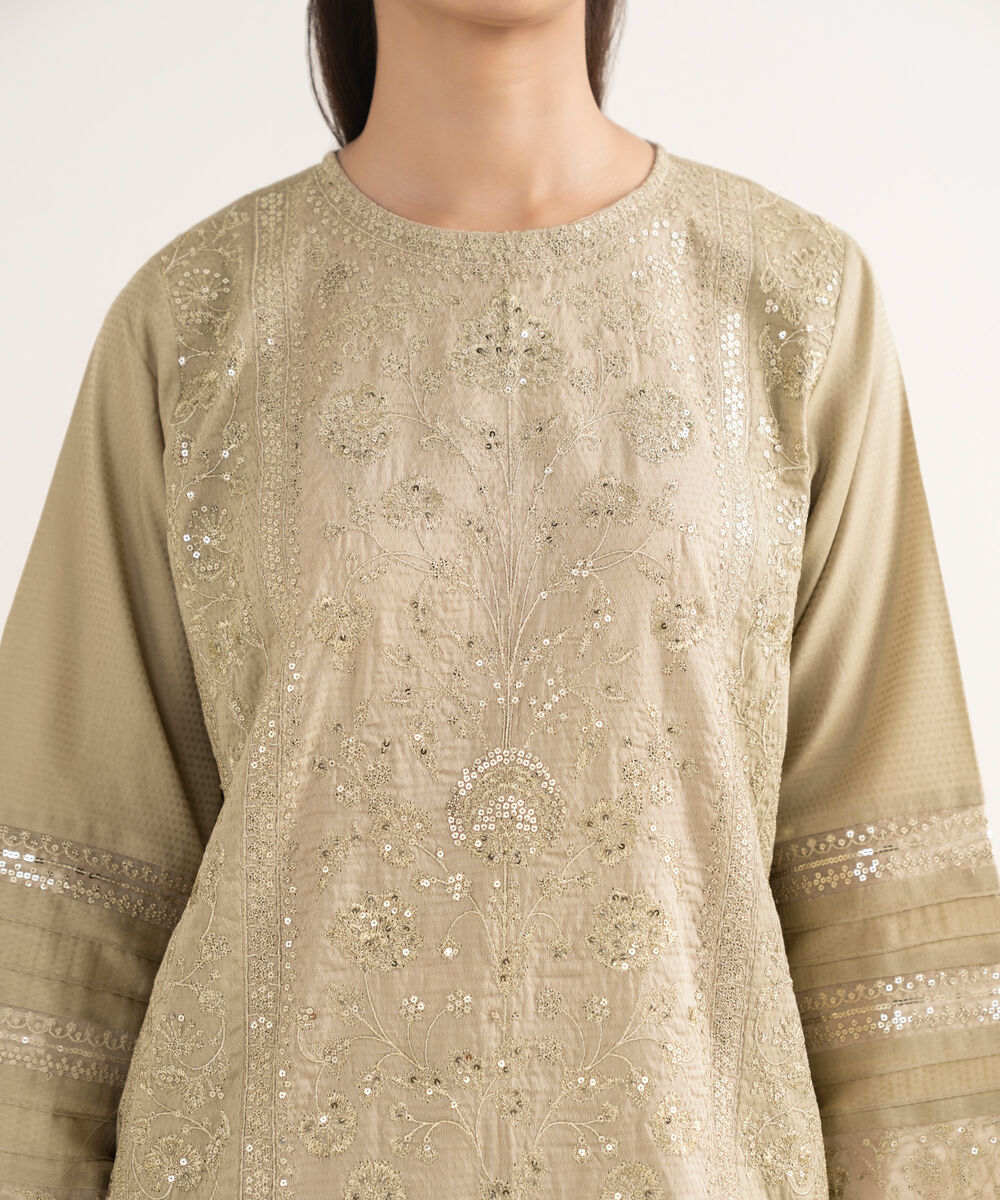 Women's RTW Dobby Embroidered Beige Straight Shirt