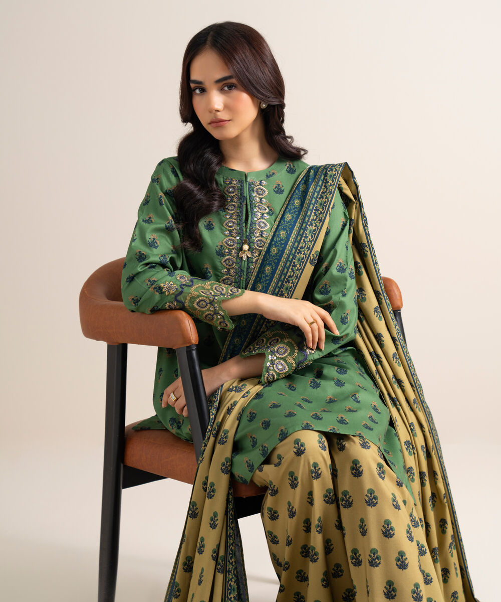 Women's Unstitched Printed Linen Green 3 Piece Suit