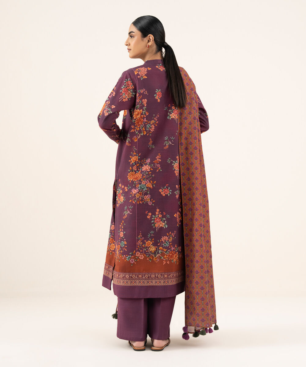 Women's Unstitched Cotton Printed Purple 3 Piece Suit