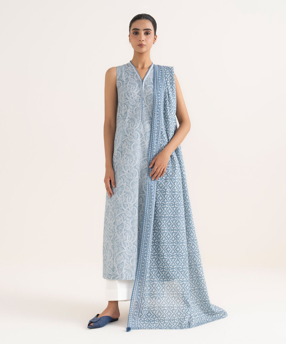 Women's Unstitched Light Khaddar Printed Blue Two Piece Suit