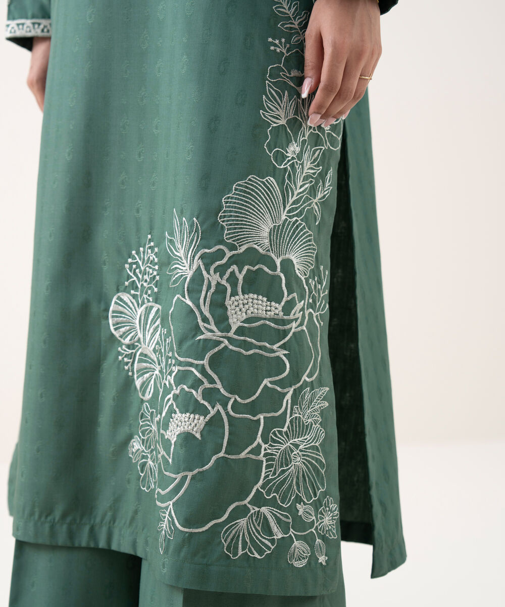 Women's RTW Cotton Jacquard Embroidered Green A-Line Shirt