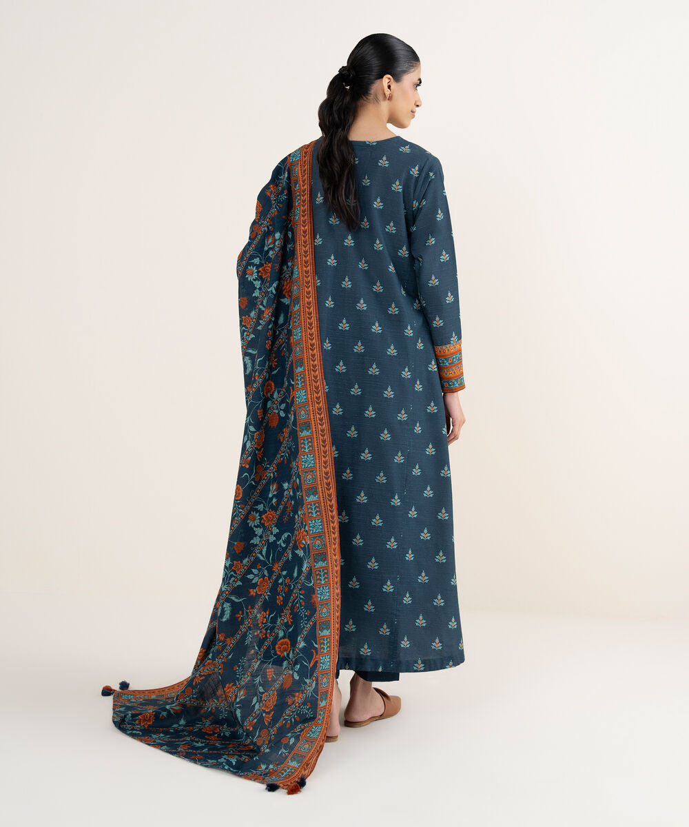 Women's Unstitched Printed Khaddar Midnight Blue & Orange 3 Piece Suit