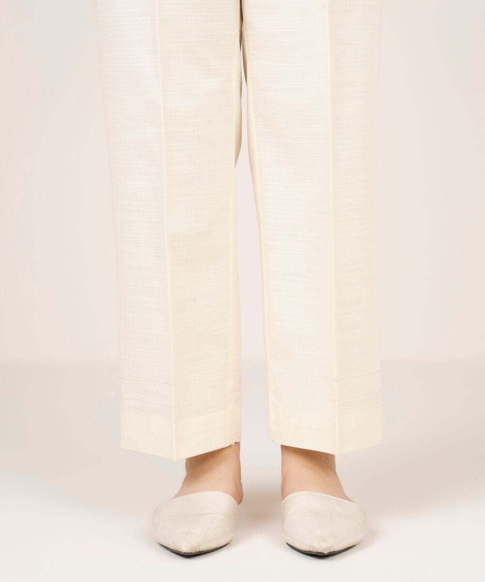 Women's RTW Khaddar Solid Off White Straight Pants