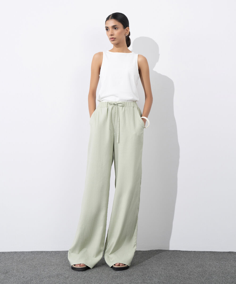 Women's Western Wear Green Wide-Leg Seersucker Trousers