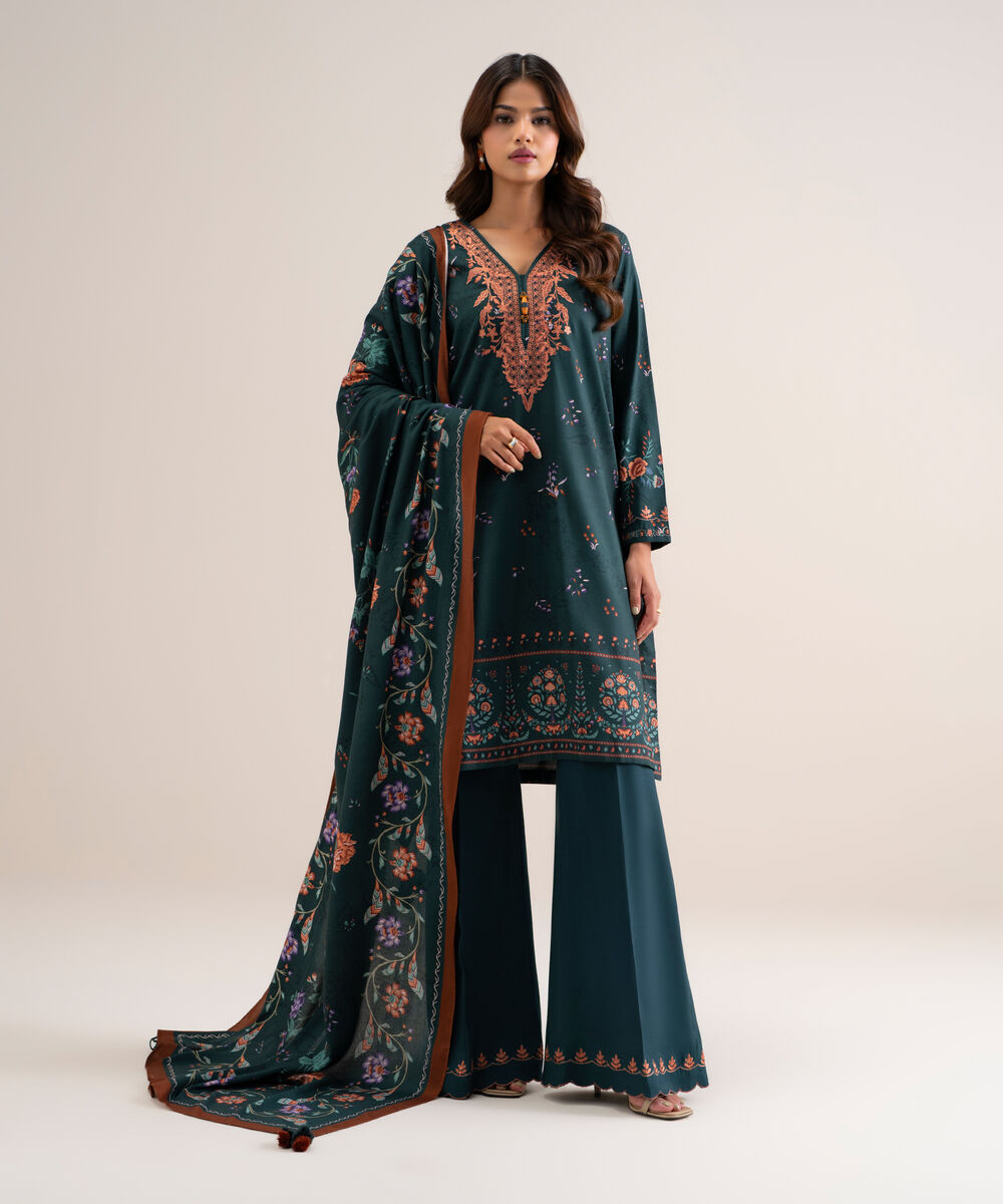 Women's Unstitched Printed Cotton Viscose Teal Green 3 Piece Suit