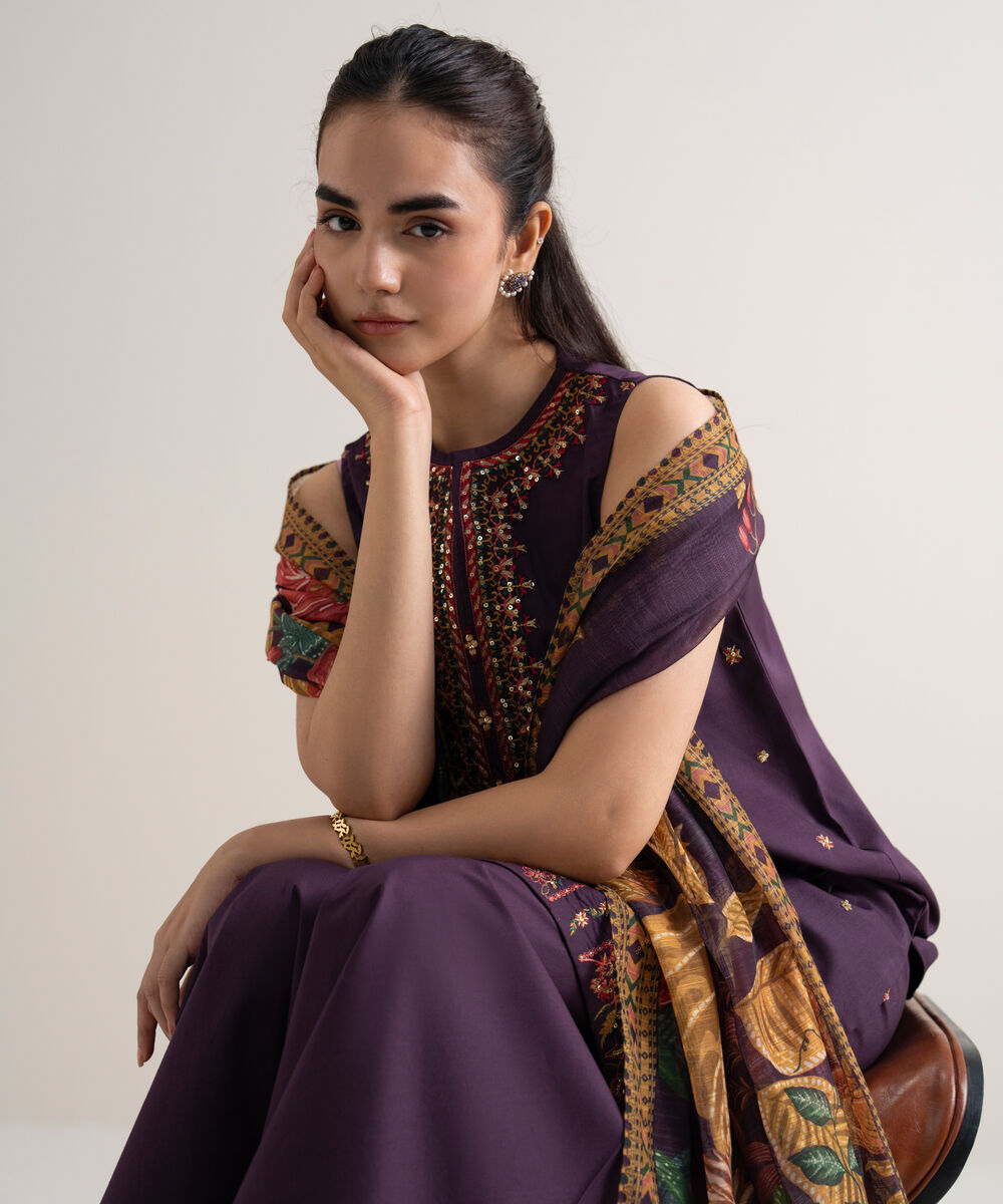 Women's Unstitched Fine Cotton Satin Embroidered Purple