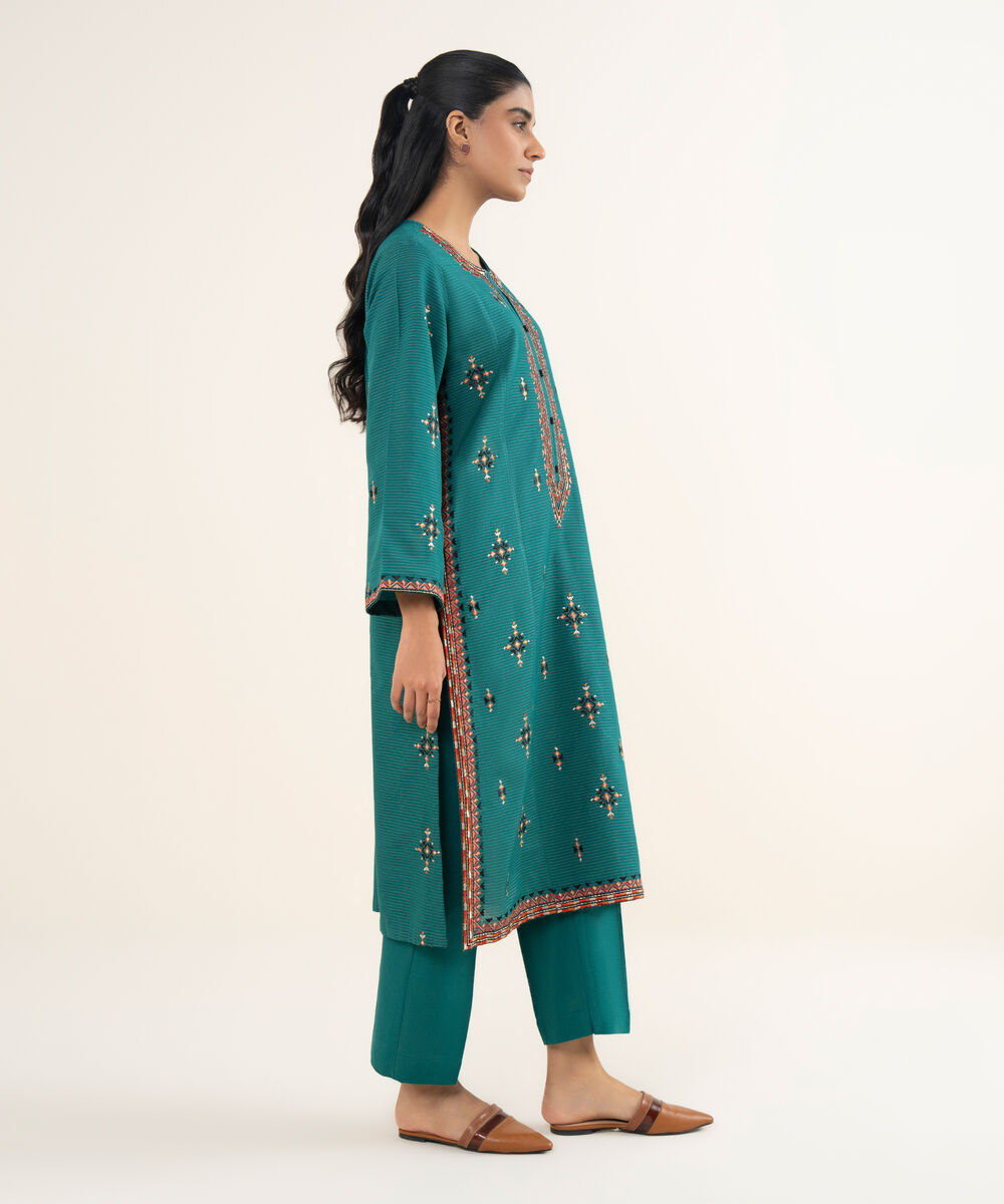 Women's RTW Fancy Textured Slub Embroidered Teal Straight Shirt