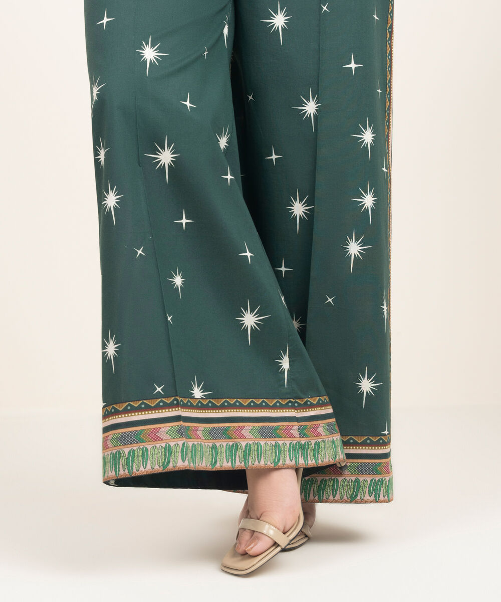Women's RTW Cambric Printed Green Flared Pants