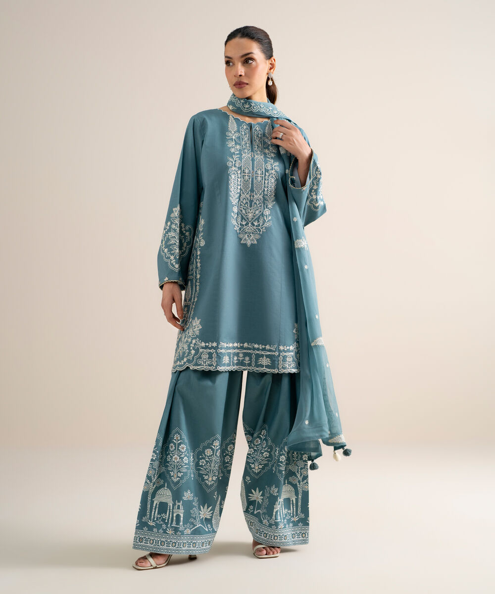 Women's Unstitched Slub Lawn Embroidered Blue  3 Piece Suit