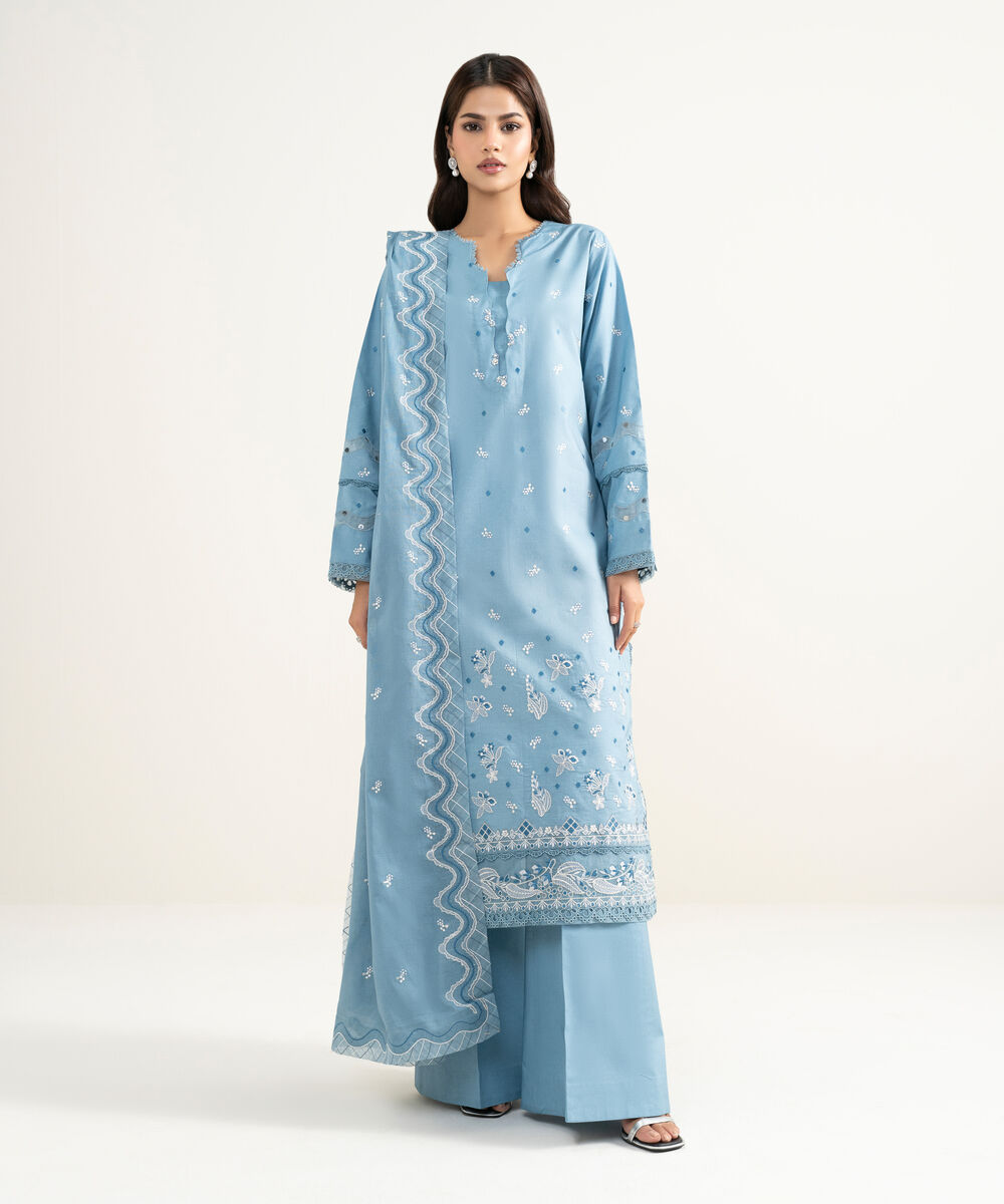 Women's Unstitched Textured Lawn Embroidered Blue 3 Piece Suit