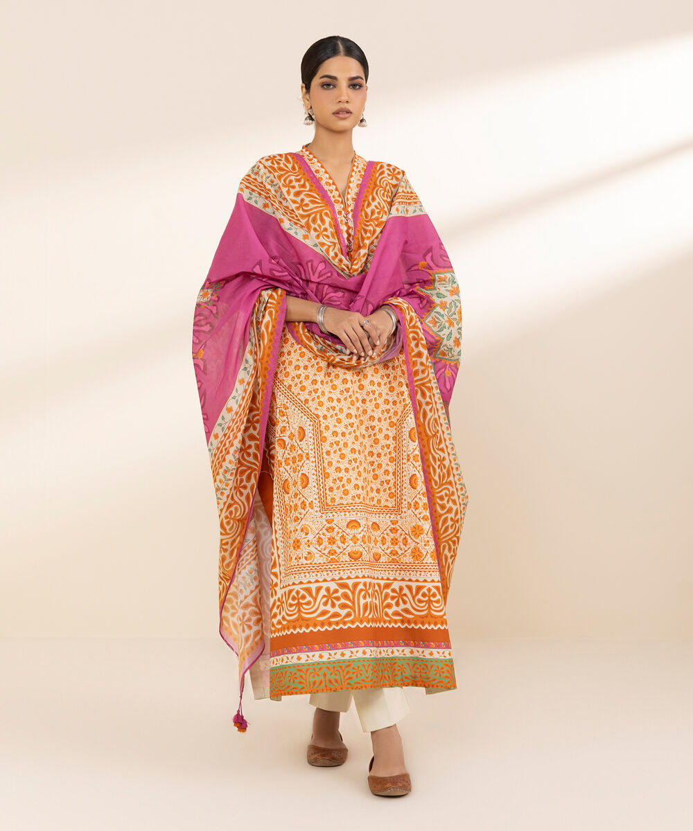 Women's Unstitched Lawn Printed Orange 3 Piece Suit