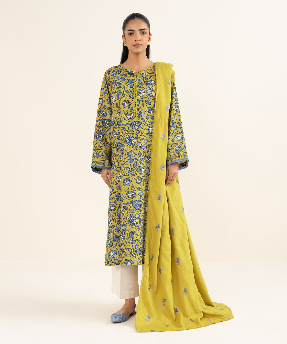 Women's RTW Khaddar Printed Yellow A-Line Shirt