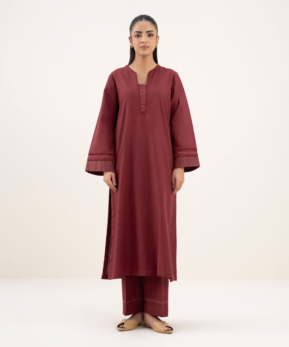 Women's RTW Khaddar Embroidered A-Line Maroon Shirt
